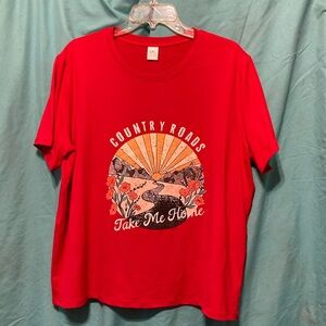 Red Graphic T-Shirt with Country Roads Design